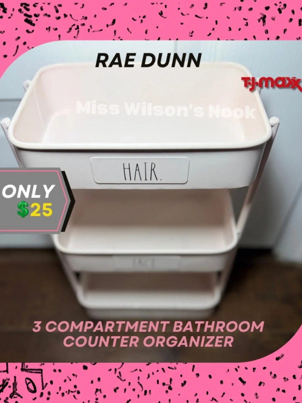 Rae Dunn Pink 3‑Compartment Organizer | HAIR / FACE / ETC | Bathroom Vanity
